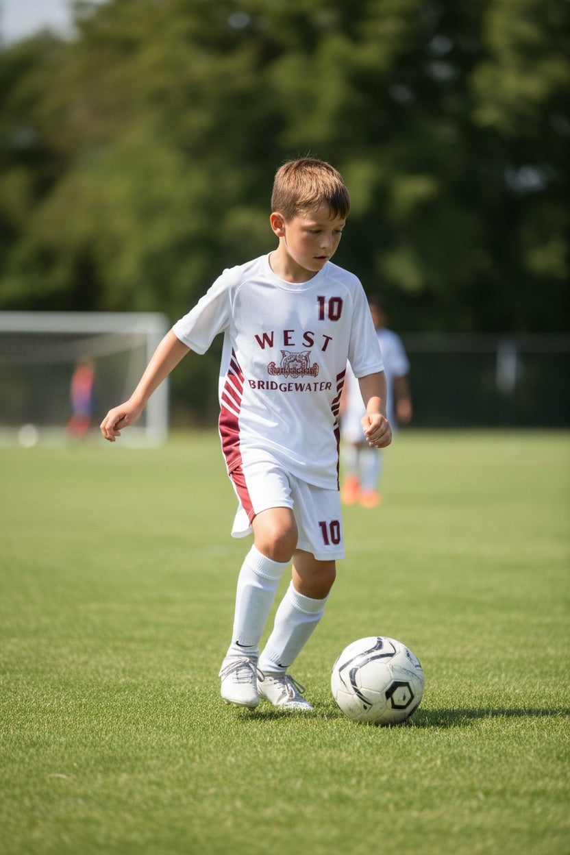 West Bridgewater Town Soccer reversible jersey, white side, shown on a model