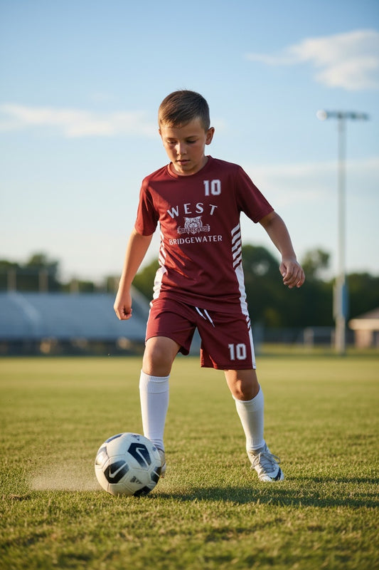 West Bridgewater Town Soccer reversible jersey, maroon side, shown on a model