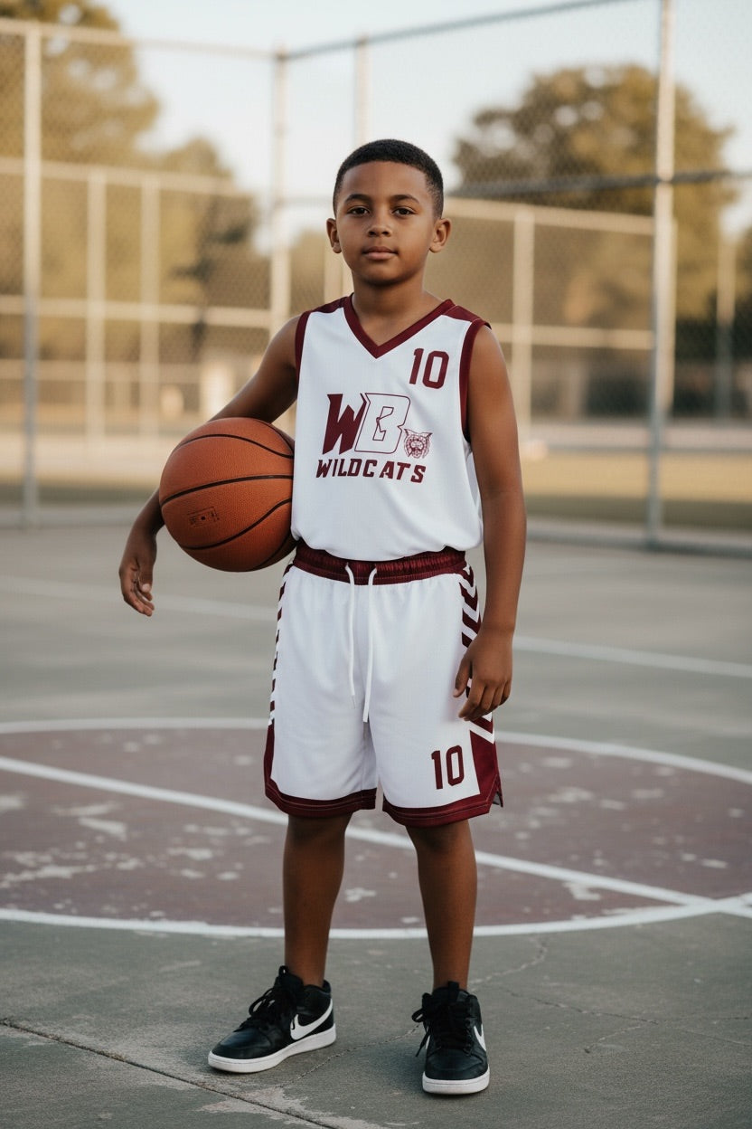 West Bridgewater Wildcats coed basketball uniform in white shown on a model