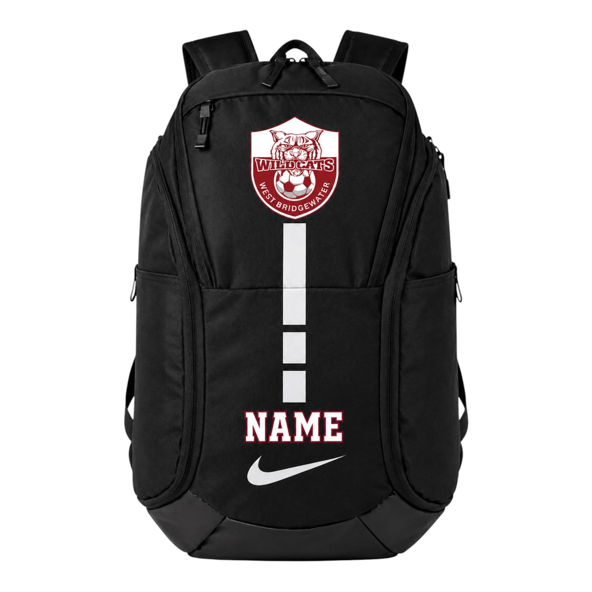 Custom team backpack example with a crest and a player name