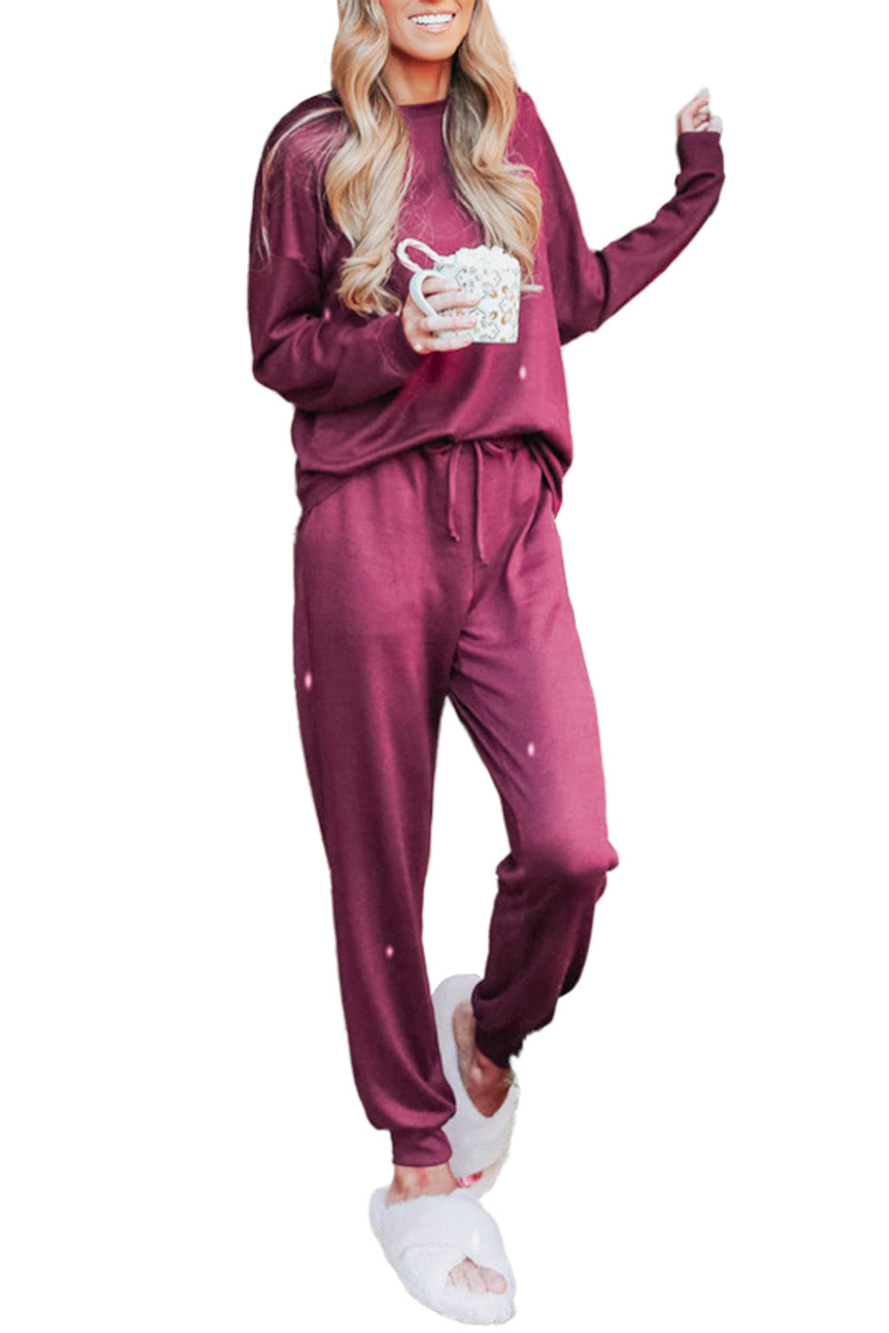 Red Casual Long Sleeve Pullover & Joggers Pajamas Set