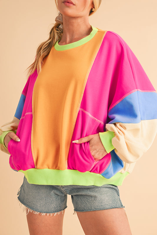 Grapefruit Orange Colorblock Patchwork Drop Shoulder Top