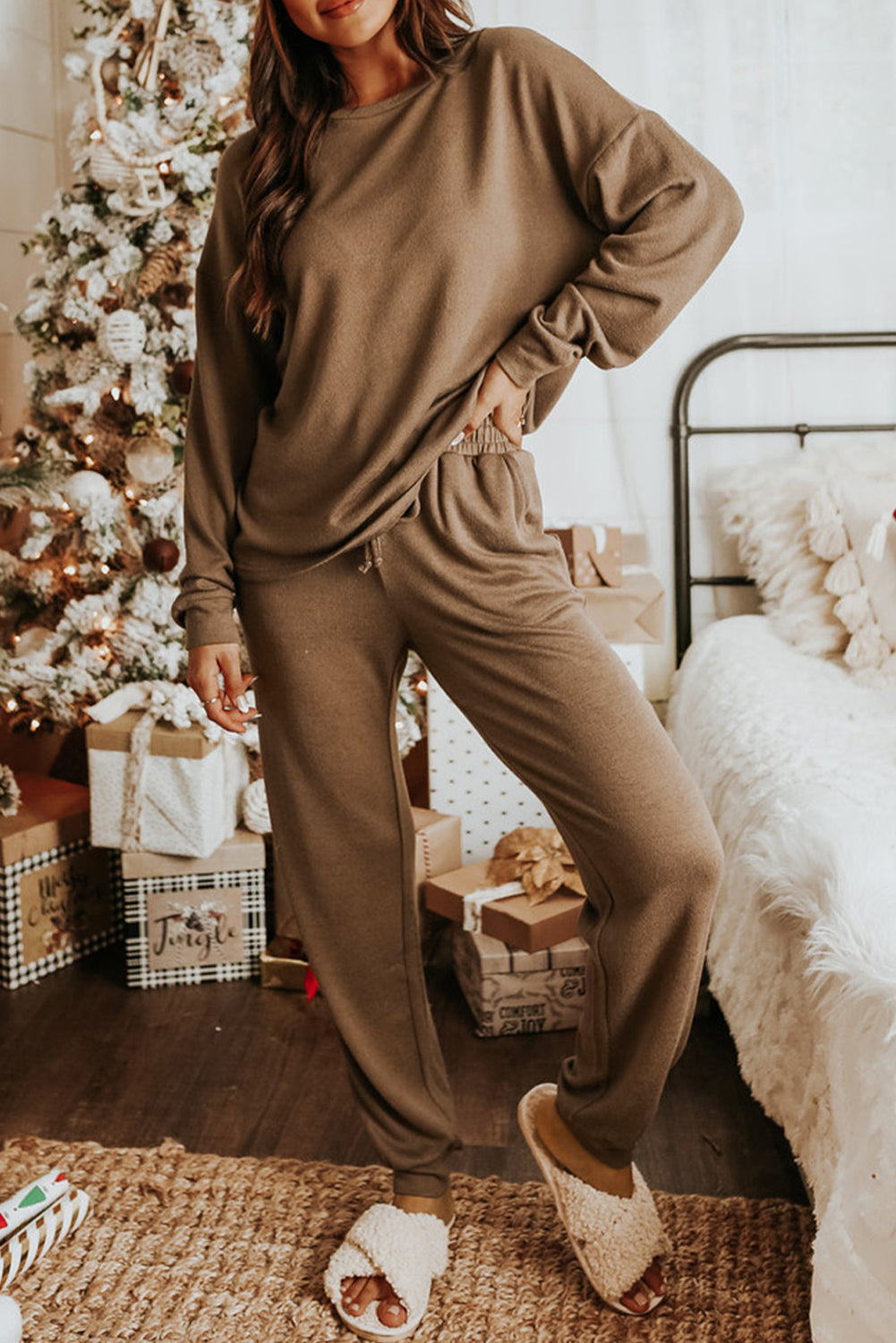 Red Casual Long Sleeve Pullover & Joggers Pajamas Set