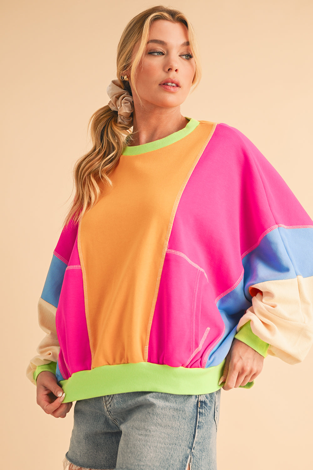 Grapefruit Orange Colorblock Patchwork Drop Shoulder Top