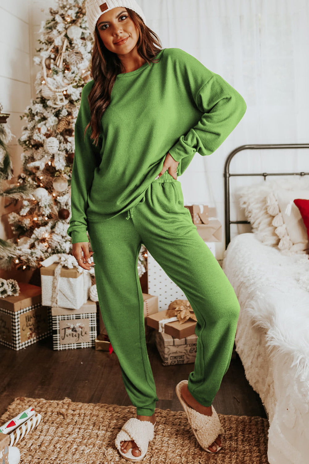 Red Casual Long Sleeve Pullover & Joggers Pajamas Set