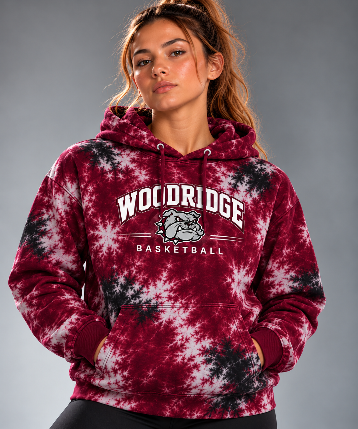 Woodridge Basketball tie-dye hoodie in maroon, black and white with bulldog mascot