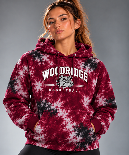 Woodridge Basketball tie-dye hoodie in maroon, black and white with bulldog mascot