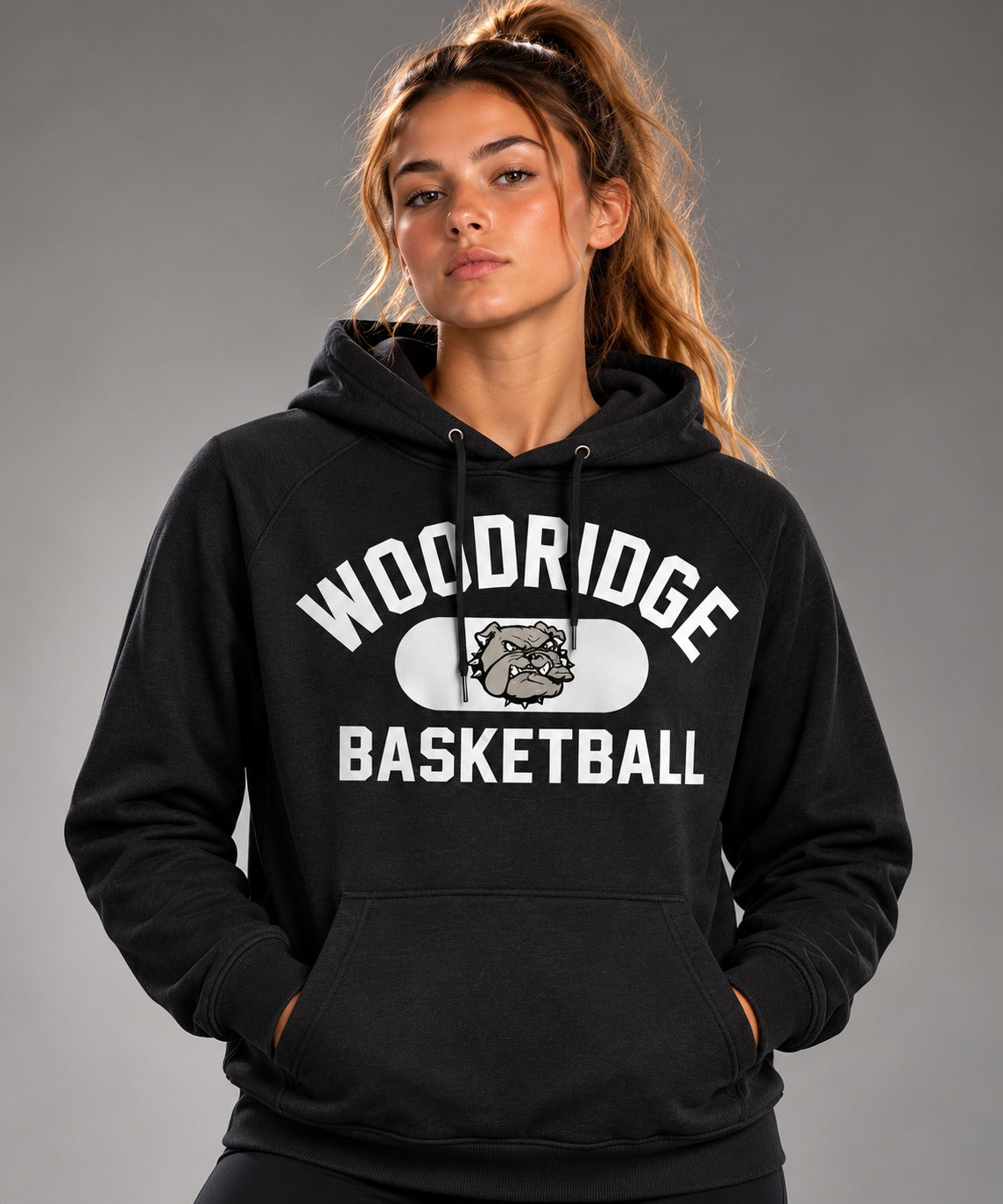 Woodridge Basketball black hoodie with white lettering and bulldog mascot
