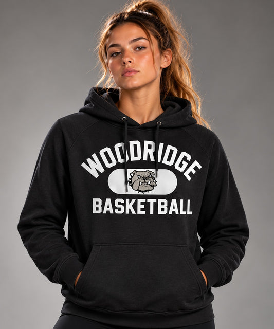 Woodridge Basketball black hoodie with white lettering and bulldog mascot