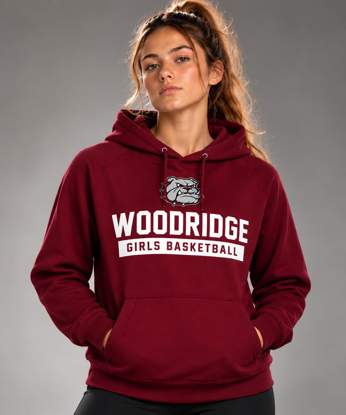 Woodridge Girls Basketball maroon hoodie with white lettering and bulldog mascot