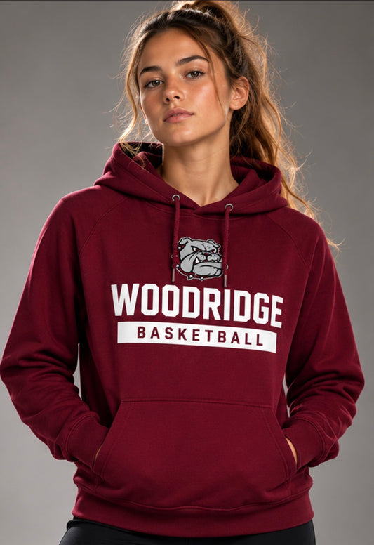 Woodridge Basketball maroon hoodie with white lettering and bulldog mascot